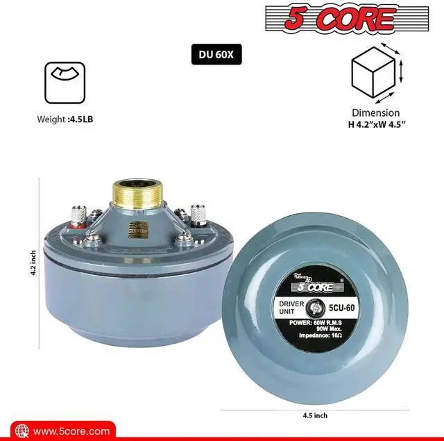 Alt view image 4 of 7 - 5 Core PA Horn Speaker 600W PMPO Compression Driver Audio in 22" Trumpet Throat Loud Audio System
