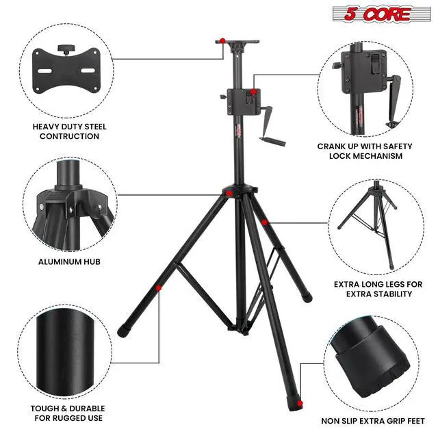 Alt view image 6 of 7 - 5 Core Speaker Stand Pair Crank Up Adjustable PA DJ Tripod Monitor Stands Heavy Duty w 35mm Insert