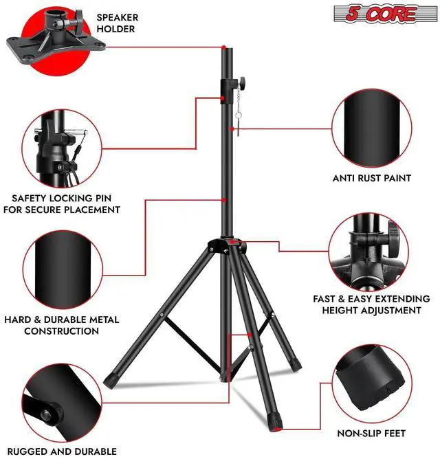 Alt view image 6 of 7 - 5 Core Speaker Stand Tripod Floor Heavy Duty Adjustable Up to 72 Inch DJ Studio Monitor kanto Stands Pole Mount - SS HD 1PK BLK WOB