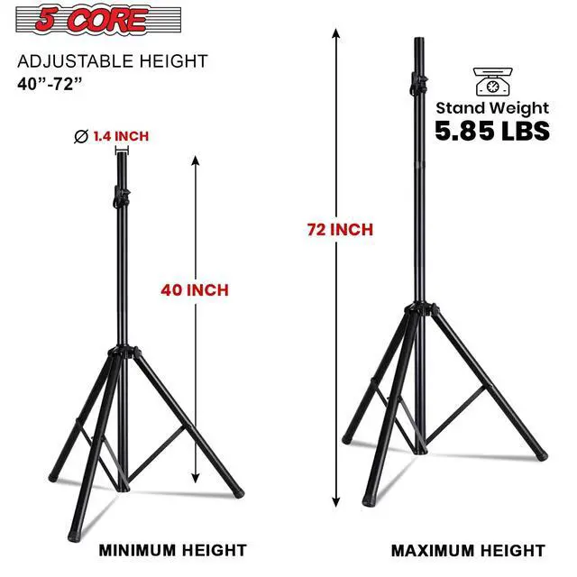 Alt view image 2 of 7 - 5 Core kanto Speaker Stand Tripod Pair Tall Height Adjustable Heavy Duty DJ Light Floor Stands Universal 35mm Pole Mount PA Studio Monitor Large Subwoofer Support - SS HD 2PK BLK BAG