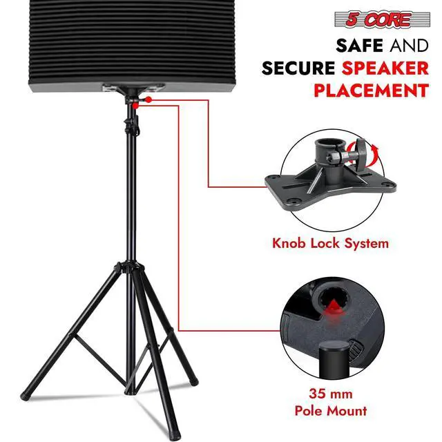 Alt view image 4 of 7 - 5 Core kanto Speaker Stand Tripod Pair Tall Height Adjustable Heavy Duty DJ Light Floor Stands Universal 35mm Pole Mount PA Studio Monitor Large Subwoofer Support - SS HD 2PK BLK BAG