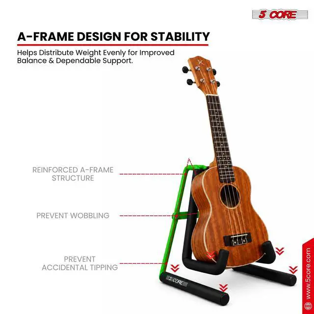 Alt view image 3 of 7 - 5 Core Ukulele Stand A Frame Metal Body w Soft Padded Arms Support Banjo Ukuleles Mini Guitar Violin Green