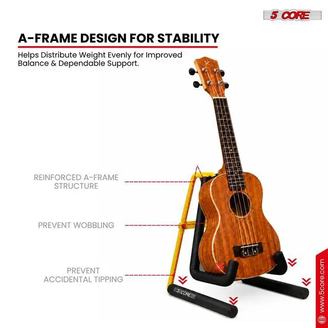 Alt view image 3 of 7 - 5 Core Ukulele Stand A Frame Metal Body w Soft Padded Arms Support Banjo Ukuleles Mini Guitar Violin Yellow