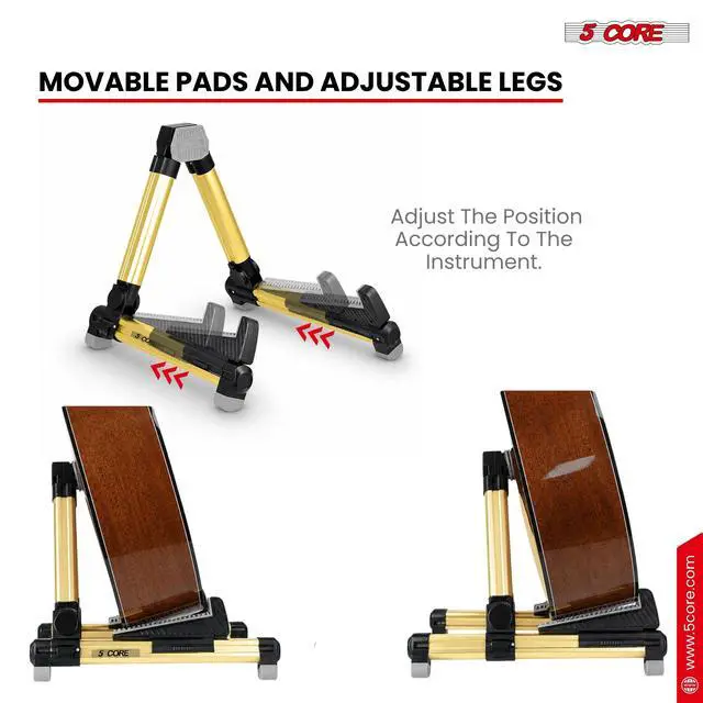 Alt view image 3 of 7 - 5 Core Guitar Stand Adjustable A Frame Shape w Rubber Pad Arms Supports Acoustic Electric Bass Gold