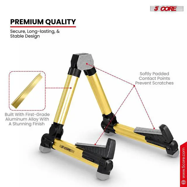 Alt view image 4 of 7 - 5 Core Guitar Stand Adjustable A Frame Shape w Rubber Pad Arms Supports Acoustic Electric Bass Gold