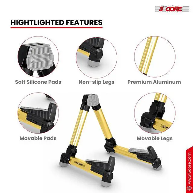 Alt view image 6 of 7 - 5 Core Guitar Stand Adjustable A Frame Shape w Rubber Pad Arms Supports Acoustic Electric Bass Gold