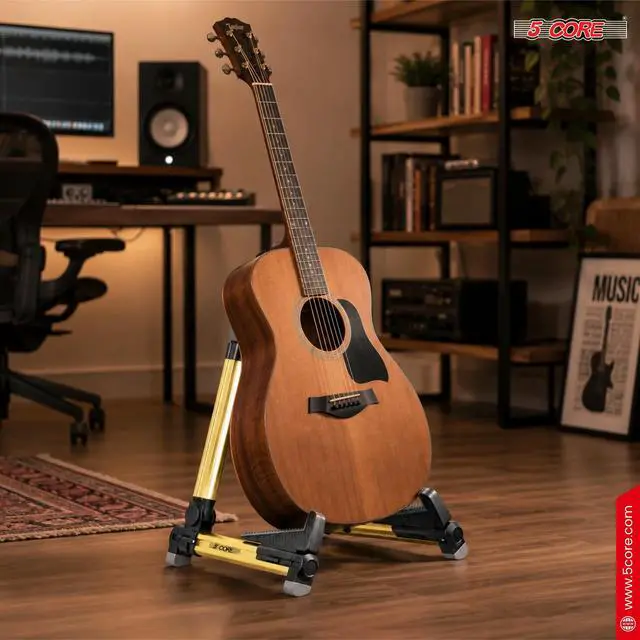 Alt view image 7 of 7 - 5 Core Guitar Stand Adjustable A Frame Shape w Rubber Pad Arms Supports Acoustic Electric Bass Gold