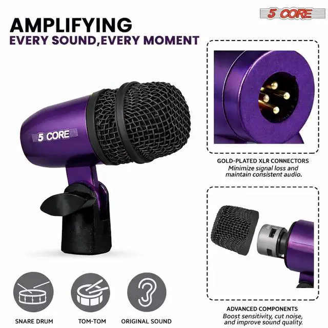 Alt view image 3 of 7 - 5 Core Conga Mic Snare Tom Set Professional XLR Cardioid Unidirectional Instrument Microphone Kit
