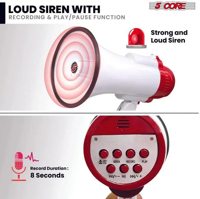 Alt view image 3 of 7 - 5 Core Megaphone 30W Bull Horn PA Speaker w 800 Yards Range Loud Siren Voice Amplifier Portable