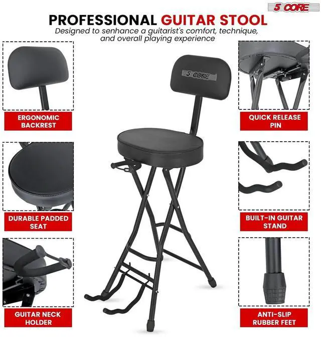 Alt view image 3 of 7 - 5 Core Guitar Stool Adjustable Backrest Piano Chair 3.15" Padded Seat Music Stand