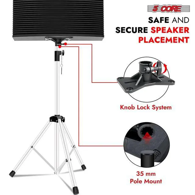 Alt view image 6 of 7 - 5 Core Speaker Stand Height Adjustable Universal PA DJ Tripod Studio Monitor Stands 2Pcs w 35mm Compatible Insert for Home On Stage In Studio Use White - SS ECO 2PK WH WoB