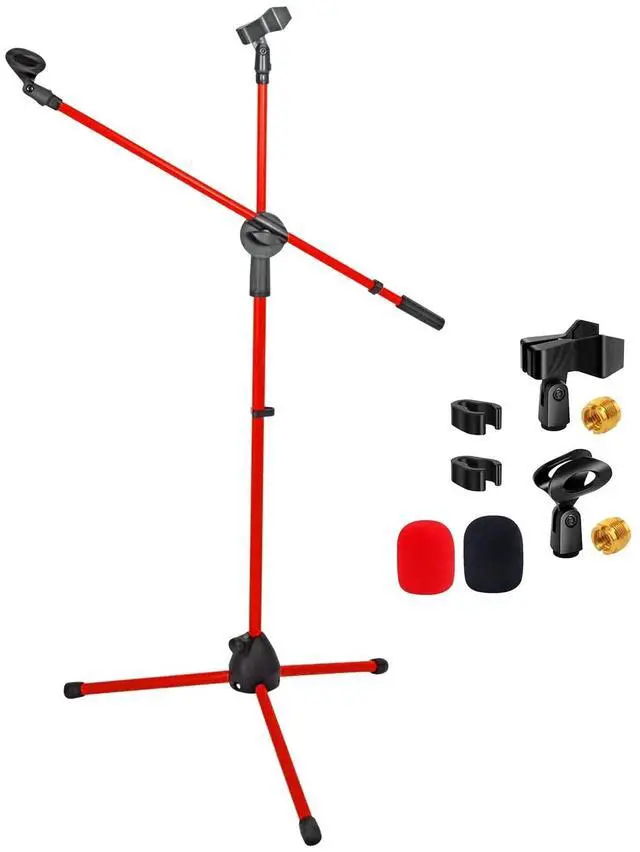 Main image of 5 Core Mic Stand Floor Universal Height Adjustable Tripod Microphone Stands Holds 2 Mics w Extending Telescoping Boom Arm Foldable Portable for Studio On Stage Red - MS DBL G RED