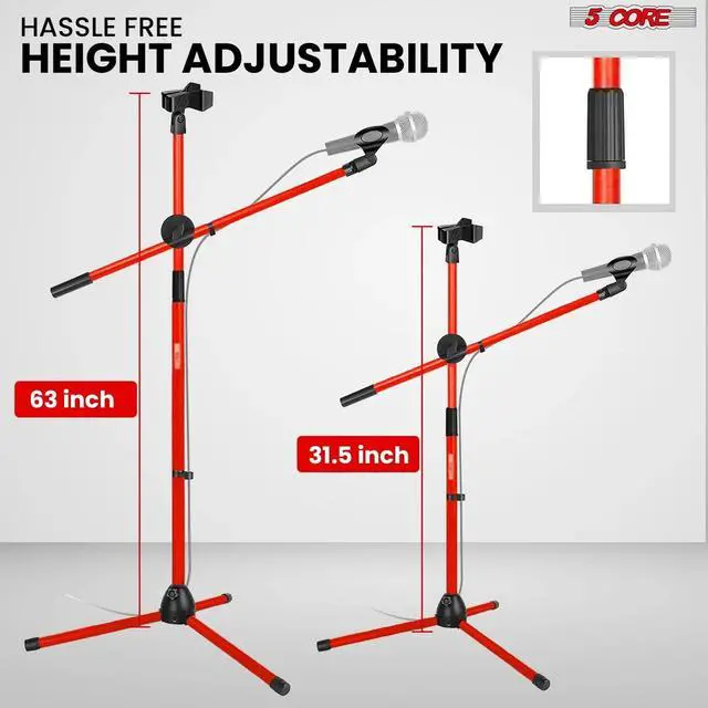 Alt view image 2 of 7 - 5 Core Mic Stand Floor Universal Height Adjustable Tripod Microphone Stands Holds 2 Mics w Extending Telescoping Boom Arm Foldable Portable for Studio On Stage Red - MS DBL G RED