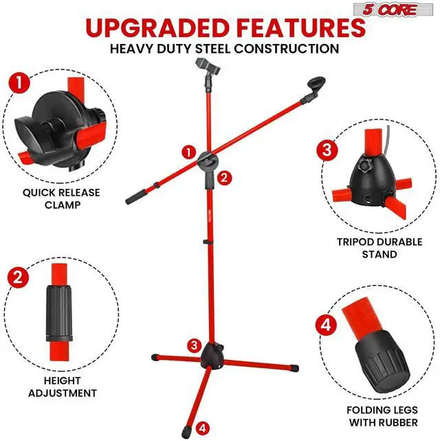 Alt view image 6 of 7 - 5 Core Mic Stand Floor Universal Height Adjustable Tripod Microphone Stands Holds 2 Mics w Extending Telescoping Boom Arm Foldable Portable for Studio On Stage Red - MS DBL G RED