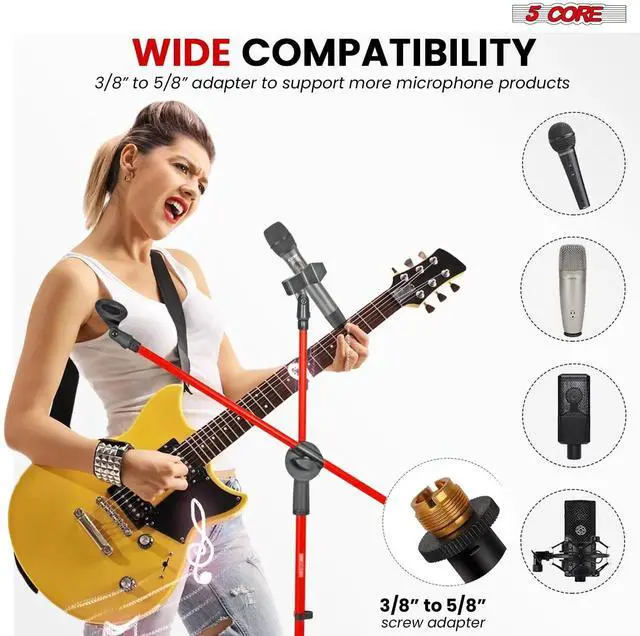 Alt view image 7 of 7 - 5 Core Mic Stand Floor Universal Height Adjustable Tripod Microphone Stands Holds 2 Mics w Extending Telescoping Boom Arm Foldable Portable for Studio On Stage Red - MS DBL G RED