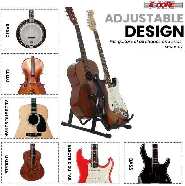 Alt view image 3 of 7 - 5 Core Double Guitar Stand Floor Adjustable Heavy Duty A Frame Universal Folding Acoustic Electric Bass Mandolin Banjo Violin Holder Stands For On Stage Studio GSS 2N1 BLK