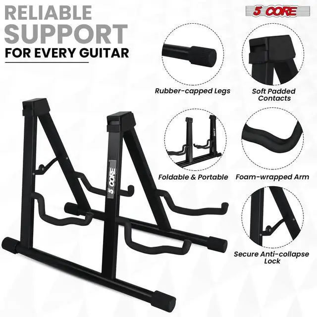 Alt view image 4 of 7 - 5 Core Double Guitar Stand Floor Adjustable Heavy Duty A Frame Universal Folding Acoustic Electric Bass Mandolin Banjo Violin Holder Stands For On Stage Studio GSS 2N1 BLK