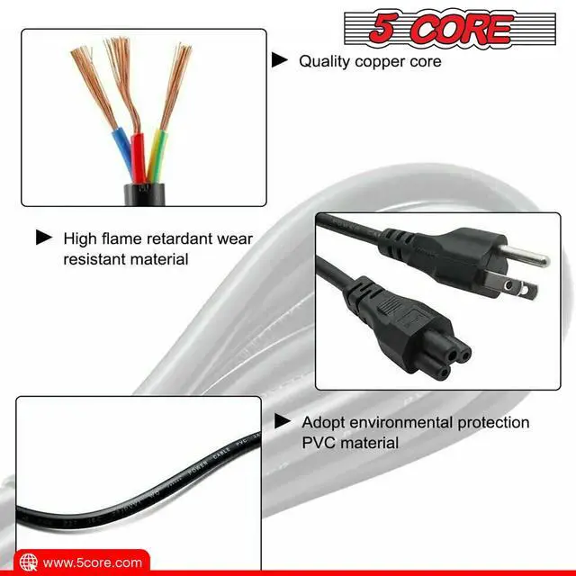Alt view image 4 of 7 - 5 Core 200 character- 5 Core Standard Extra Long 10ft(3m) 3 Prong Non-Polarized AC Wall Power Cable/ Replacement Cord for Electronics, TV, Computer, Printer, Radio, Monitor, Laptop etc- PL 1002