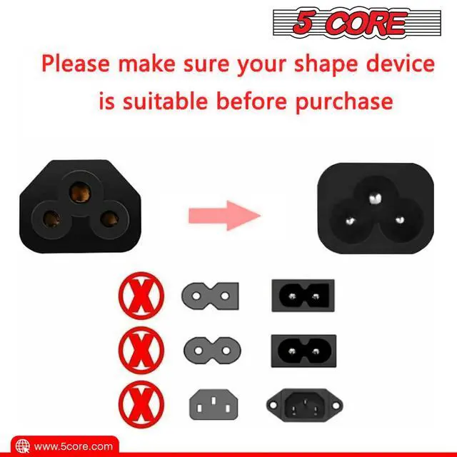 Alt view image 6 of 7 - 5 Core 200 character- 5 Core Standard Extra Long 10ft(3m) 3 Prong Non-Polarized AC Wall Power Cable/ Replacement Cord for Electronics, TV, Computer, Printer, Radio, Monitor, Laptop etc- PL 1002