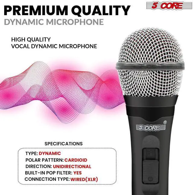 Alt view image 6 of 13 - 5 Core Professional Dynamic Microphone Cardioid Unidirectional Handheld Mic Karaoke Singing Wired Microphones with Detachable XLR Cable Mic Clip - PM 600