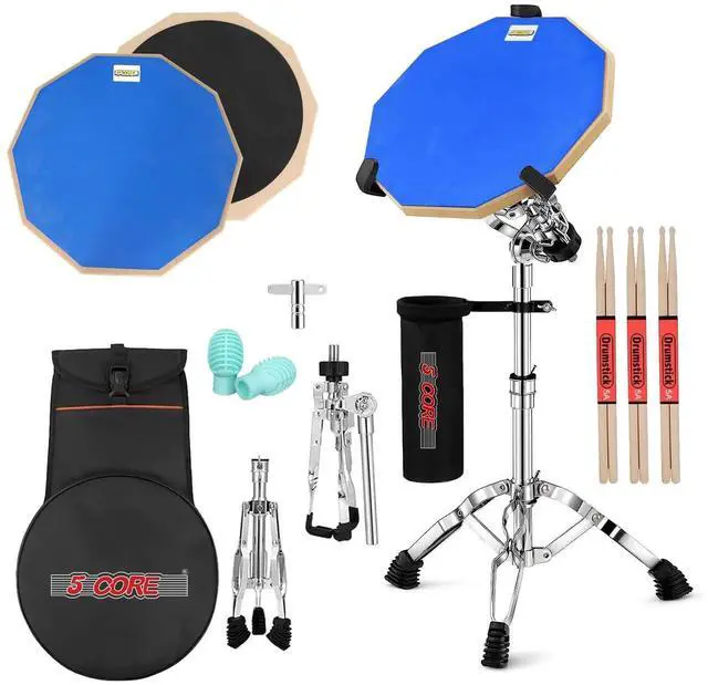 Main image of 5 Core Drum Practice Pad Set 12" Adjustable Snare Drumming Stand Double Sided Silent Drummer Kit - DPAD COMBO BLU