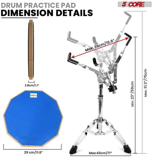 Alt view image 4 of 7 - 5 Core Drum Practice Pad Set 12" Adjustable Snare Drumming Stand Double Sided Silent Drummer Kit - DPAD COMBO BLU