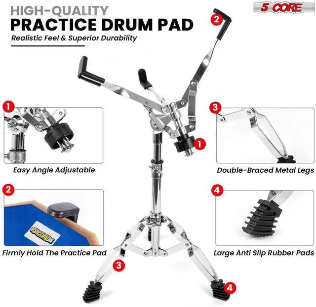 Alt view image 2 of 7 - 5 Core Drum Practice Pad Set 12" Adjustable Snare Drumming Stand Double Sided Silent Drummer Kit - DPAD COMBO BLU