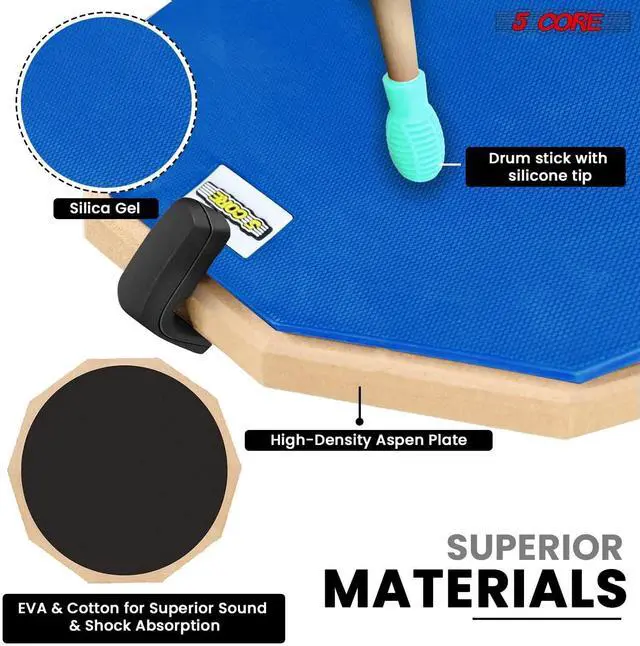 Alt view image 5 of 7 - 5 Core Drum Practice Pad Set 12" Adjustable Snare Drumming Stand Double Sided Silent Drummer Kit - DPAD COMBO BLU