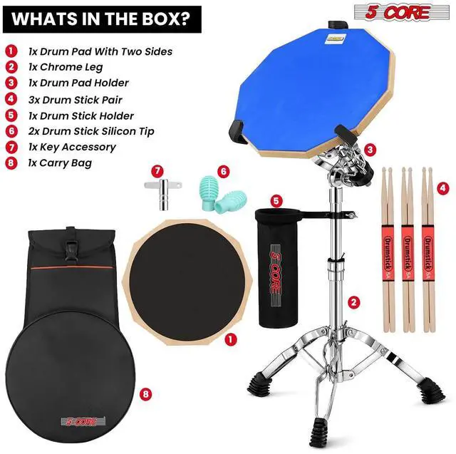 Alt view image 7 of 7 - 5 Core Drum Practice Pad Set 12" Adjustable Snare Drumming Stand Double Sided Silent Drummer Kit - DPAD COMBO BLU