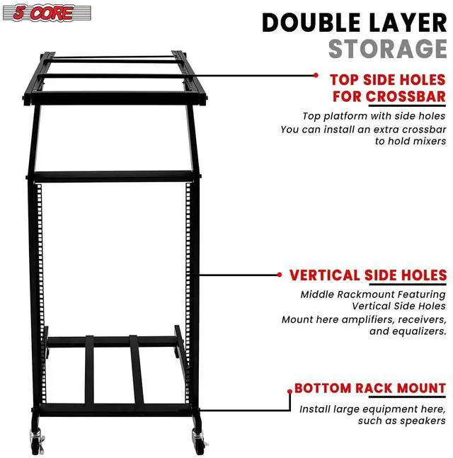 Alt view image 2 of 7 - 5 Core DJ Mixer Stand 16U Adjustable Rack Mount Rolling Stage Cart Pro Audio Studio Equipment for Homes Offices Stage Music Studios w Wheels - RACK STAND 16U