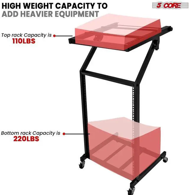 Alt view image 3 of 7 - 5 Core DJ Mixer Stand 16U Adjustable Rack Mount Rolling Stage Cart Pro Audio Studio Equipment for Homes Offices Stage Music Studios w Wheels - RACK STAND 16U