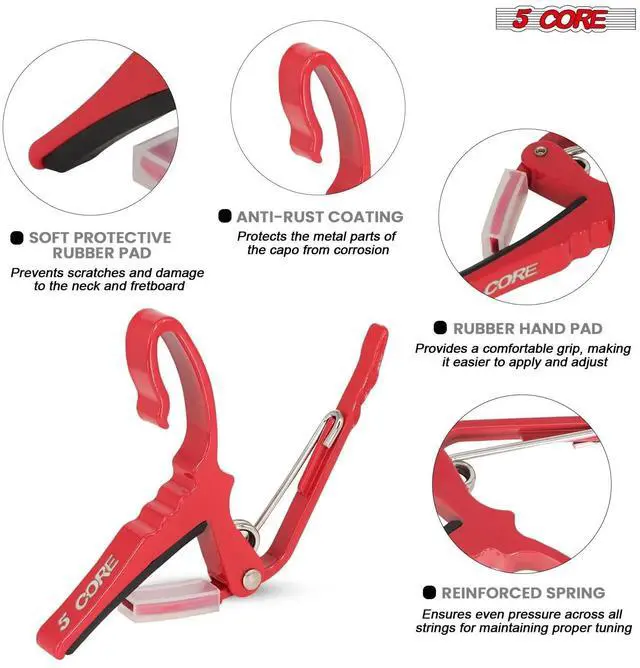 Alt view image 2 of 7 - 5Core Capo Acoustic Electric Guitar String Clip Banjo Mandolin Or Ukulele + 6Pcs Guitar Picks Celluloid Puas Para Guitarra + Carry Bag - CAPO AL RED