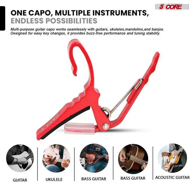 Alt view image 3 of 7 - 5Core Capo Acoustic Electric Guitar String Clip Banjo Mandolin Or Ukulele + 6Pcs Guitar Picks Celluloid Puas Para Guitarra + Carry Bag - CAPO AL RED