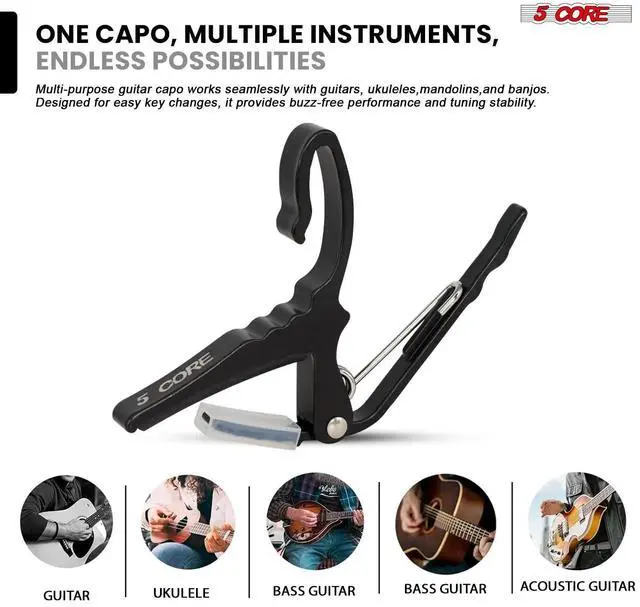 Alt view image 3 of 7 - 5Core Capo Acoustic Electric Guitar String Clip Banjo Mandolin Or Ukulele + 6Pcs Guitar Picks Celluloid Puas Para Guitarra + Carry Bag - CAPO AL BLK