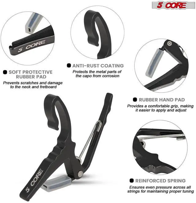 Alt view image 2 of 7 - 5Core Capo Acoustic Electric Guitar String Clip Banjo Mandolin Or Ukulele + 6Pcs Guitar Picks Celluloid Puas Para Guitarra + Carry Bag - CAPO AL BLK