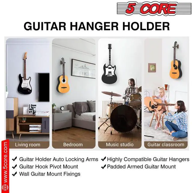 Alt view image 5 of 7 - 5 Core Guitar Wall Mount Hanger Auto Lock, Sturdy Holder for Guitars GH ABS R 1PC