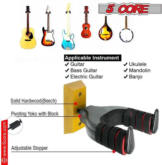 Alt view image 6 of 7 - 5 Core Guitar Wall Mount Hanger Auto Lock, Sturdy Holder for Guitars GH ABS R 1PC