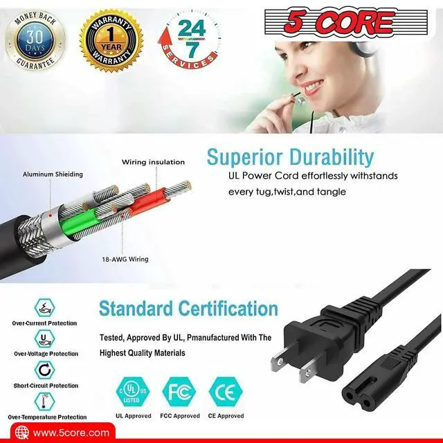 Alt view image 4 of 7 - 5 Core Extra Long 12ft 2 Prong Non-Polarized AC Wall Power Cable 2 Slot Cord for HP Dell Samsung Sony Asus Acer Toshiba Laptop Charger LED LCD Monitor Replacement Power Cord PP 1002