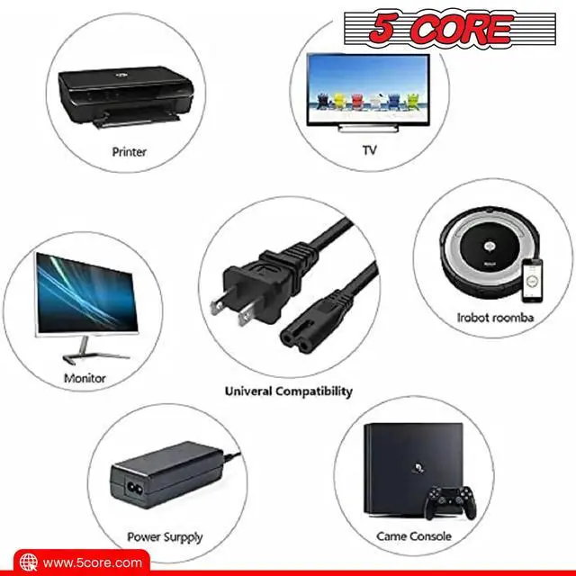 Alt view image 6 of 7 - 5 Core Extra Long 12ft 2 Prong Non-Polarized AC Wall Power Cable 2 Slot Cord for HP Dell Samsung Sony Asus Acer Toshiba Laptop Charger LED LCD Monitor Replacement Power Cord PP 1002