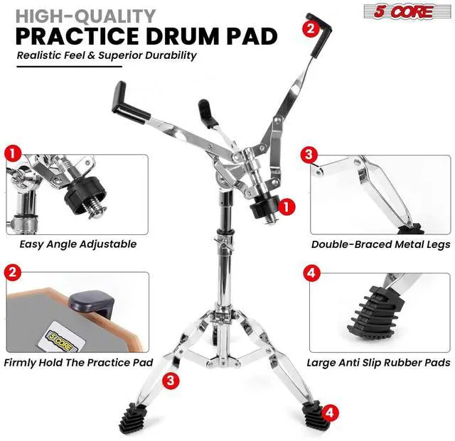 Alt view image 2 of 7 - 5 Core Drum Practice Pad Set 12" Adjustable Snare Drumming Stand Double Sided Silent Drummer Kit - DPAD COMBO GREY