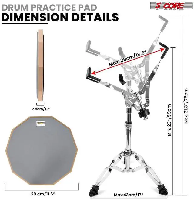 Alt view image 4 of 7 - 5 Core Drum Practice Pad Set 12" Adjustable Snare Drumming Stand Double Sided Silent Drummer Kit - DPAD COMBO GREY