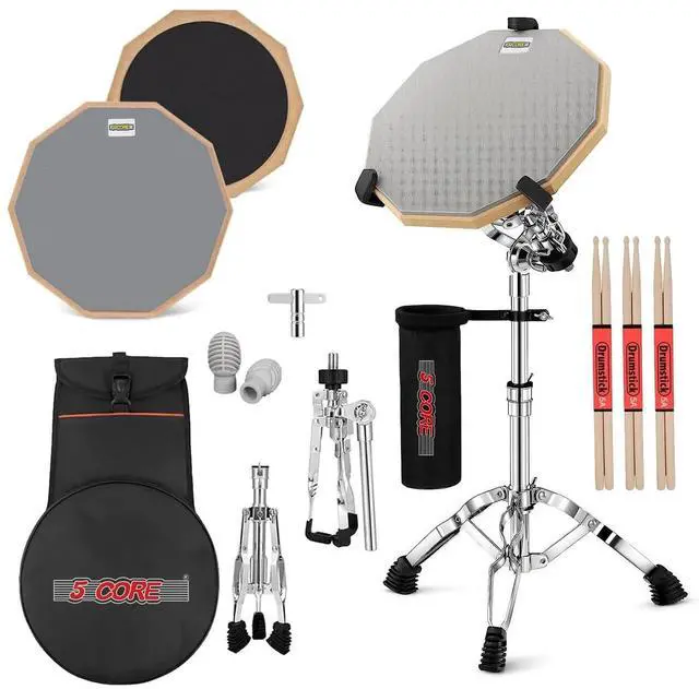 Main image of 5 Core Drum Practice Pad Set 12" Adjustable Snare Drumming Stand Double Sided Silent Drummer Kit - DPAD COMBO GREY