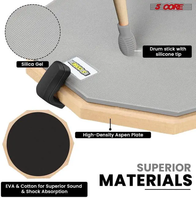 Alt view image 5 of 7 - 5 Core Drum Practice Pad Set 12" Adjustable Snare Drumming Stand Double Sided Silent Drummer Kit - DPAD COMBO GREY
