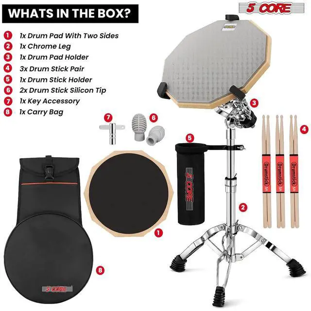 Alt view image 7 of 7 - 5 Core Drum Practice Pad Set 12" Adjustable Snare Drumming Stand Double Sided Silent Drummer Kit - DPAD COMBO GREY