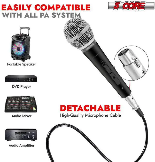 Alt view image 4 of 7 - 5 Core Premium Vocal Dynamic Cardioid Handheld Microphone Neodymium Magnet Unidirectional Mic, 16ft Detachable XLR Deluxe Cable to ¼ Audio Jack, Mic Clip, On/Off Switch for Karaoke Singing ND-58