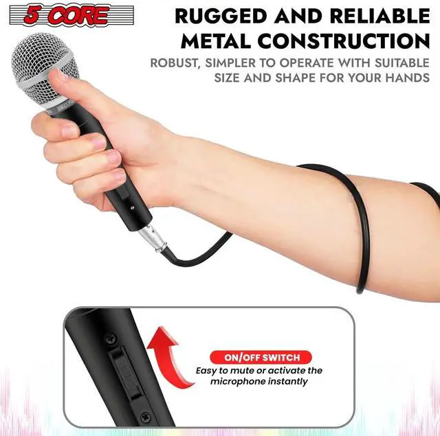 Alt view image 5 of 7 - 5 Core Premium Vocal Dynamic Cardioid Handheld Microphone Neodymium Magnet Unidirectional Mic, 16ft Detachable XLR Deluxe Cable to ¼ Audio Jack, Mic Clip, On/Off Switch for Karaoke Singing ND-58