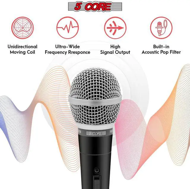 Alt view image 3 of 7 - 5 Core Premium Vocal Dynamic Cardioid Handheld Microphone Neodymium Magnet Unidirectional Mic, 16ft Detachable XLR Deluxe Cable to ¼ Audio Jack, Mic Clip, On/Off Switch for Karaoke Singing ND-58