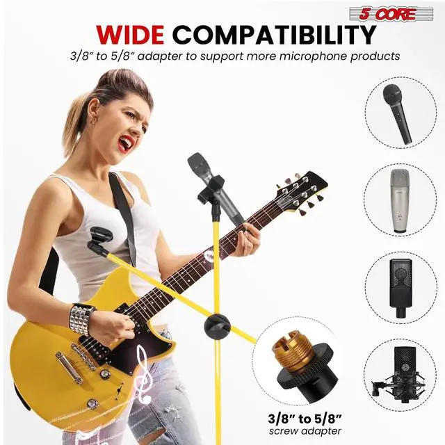 Alt view image 7 of 7 - 5 Core Mic Stand Floor Universal Height Adjustable Tripod Microphone Stands Holds 2 Mics w Extending Telescoping Boom Arm Foldable Portable for Studio On Stage Yellow - MS DBL G YLW