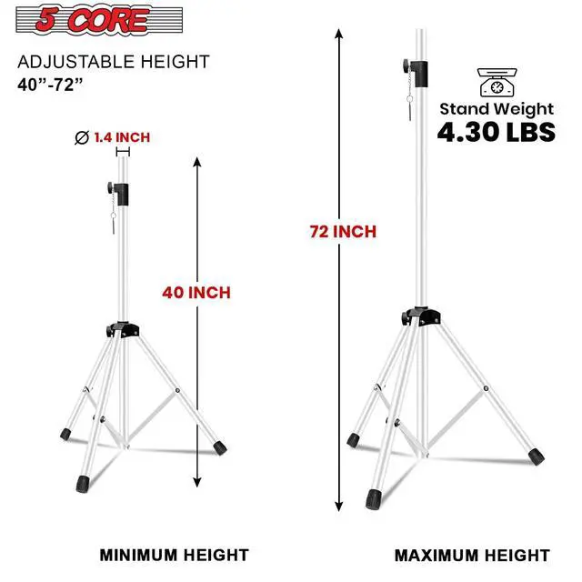 Alt view image 2 of 7 - 5 Core Speaker Stand Height Adjustable Universal PA DJ Tripod Studio Monitor Stands 2Pcs w 35mm Compatible Insert for Home On Stage In Studio Use White - SS ECO 2PK WH WoB