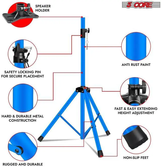 Alt view image 7 of 7 - 5 Core Speaker Stand Height Adjustable Universal PA DJ Tripod Studio Monitor Stands 2Pcs w 35mm Compatible Insert for Home On Stage In Studio Use Sky Blue - SS ECO 2PK SKY BLU WoB